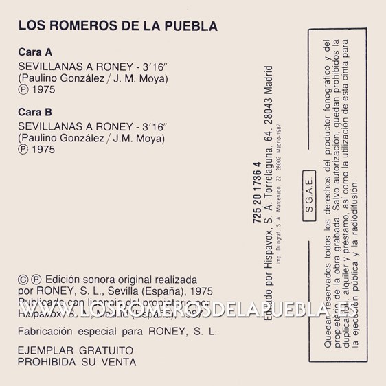 Portada diferente del disco Cantando a Roney de Los Romeros de la Puebla. Año 1987