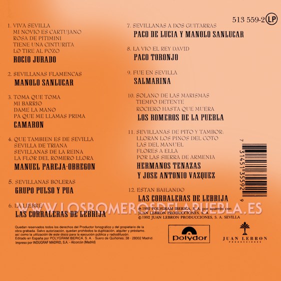 Portada diferente del disco Sevillanas de Carlos Saura de Los Romeros de la Puebla. Año 1992